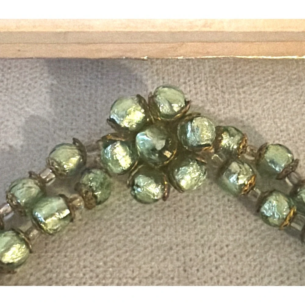 Vintage MURANO GLASS NECKLACE & CLIP EARRINGS Venetian Green Gold-Mario Sanzogno